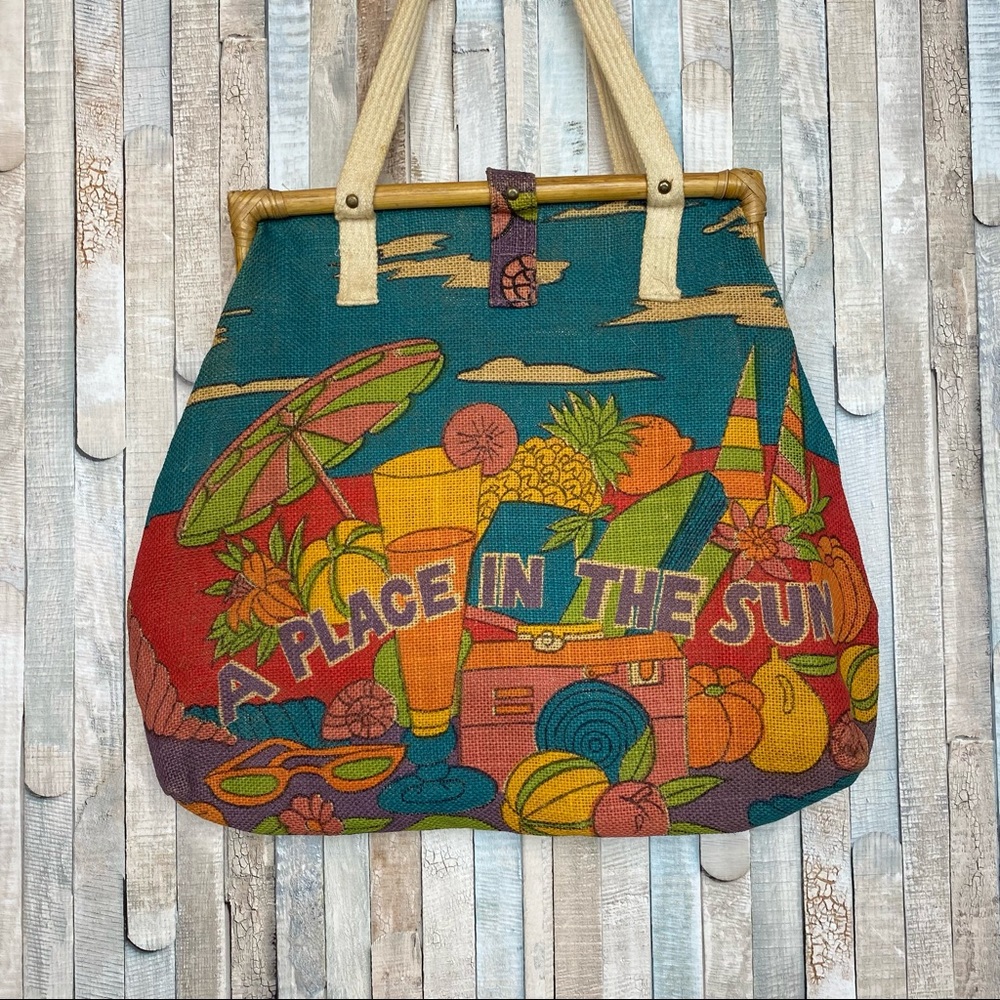 Vintage 70s 80s Bright Colorful Summer Vacation Bag Purse Tote Jute Statement - Picture 3 of 8